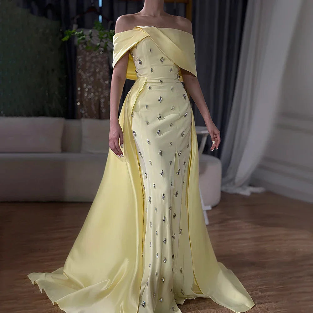 Blue Satin Simple Elegant High Split Mermaid Boat Neck Beaded Evening Dresses Gowns for Women Party 2025 LA72458