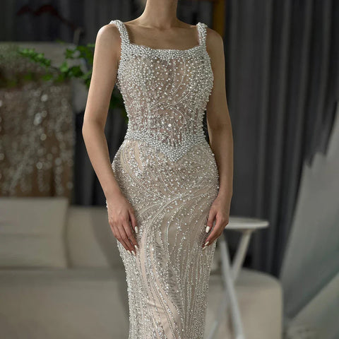 Vestido de noche de sirena con tirantes finos en blanco nude, de lujo, con perlas y cuentas, para mujer, ideal para bodas, 2025, LA72266 