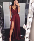 Robe de bal longue en satin bordeaux simple à col en V et fente S6547