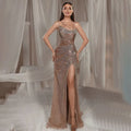 Luxury Dubai Caramel Spaghetti Strap Mermaid Beaded Evening Dresses Gowns For Women Wedding Party 2025 LA72579
