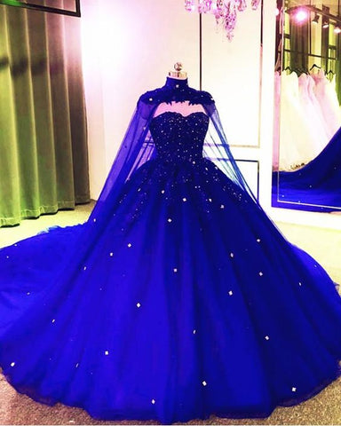 Vestido de baile de gala de tul azul real con capa S8255