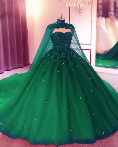 Robe de bal verte à décolleté cœur avec cape S13179