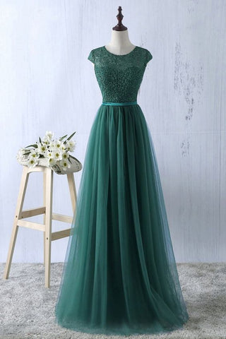 Vestido largo de noche sencillo y formal con cuello redondo y top de encaje de tul verde S6796