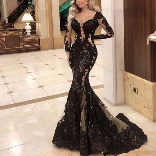 Vestidos de fiesta negros modestos, manga larga, apliques de encaje, elegantes vestidos de noche, vestidos formales S11019