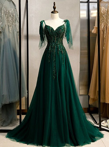 Vestido de baile de gala verde esmeralda con tirantes finos y escote en V S11037