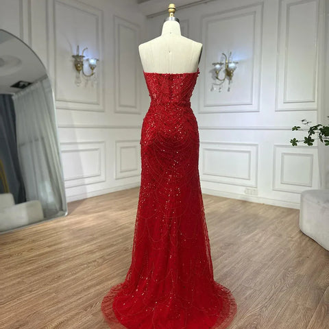 Red Long Cape Pearls Beaded Mermaid Evening Dresses Gowns For Formal Occasion 2025 LA72585A