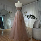 Vestido de noche de corte A, tul con cuentas y escote halter color caramelo, estilo árabe saudí, modelo LA72863 (2025)