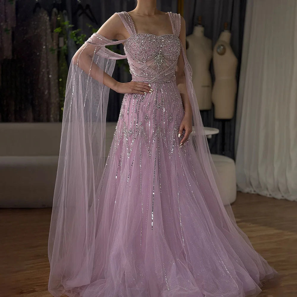 Vestido de noche corte A con tirantes finos y cuentas rosas, estilo capa, ideal para ocasiones formales (LA72726) 