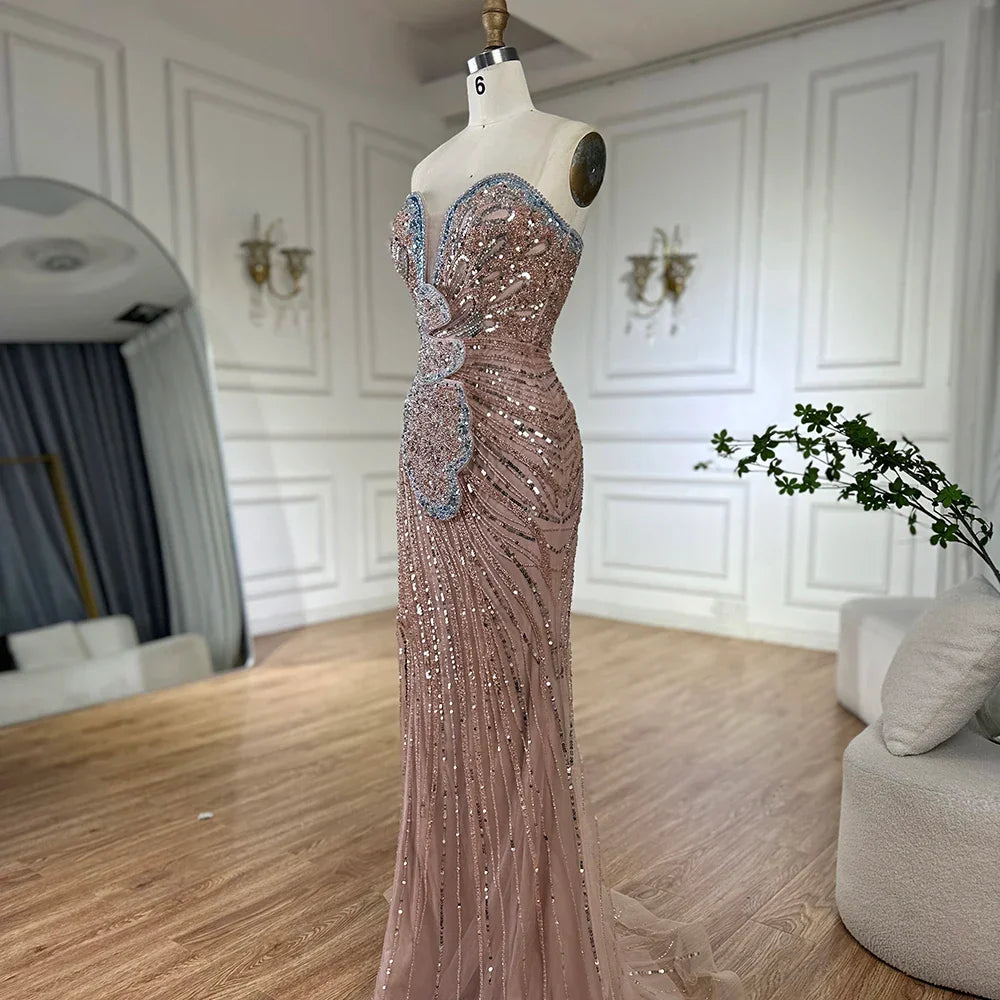 Vestido de noche de sirena rosa sin tirantes con abertura alta para ocasiones formales LA72480 (modelo saudí 2025) 