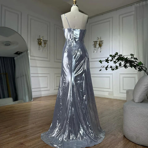 Vestido de noche de lujo de Dubái, elegante, plateado, de un solo hombro, con cuentas, corte sirena y abertura lateral, para fiestas de mujer LA72672 