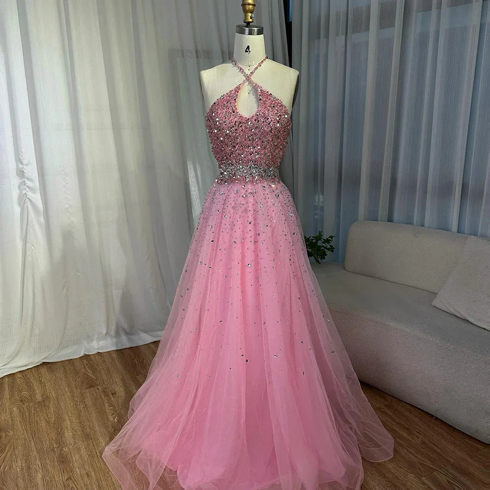 Vestido de noche de corte A, tul con cuentas y escote halter color caramelo, estilo árabe saudí, modelo LA72863 (2025)
