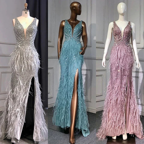 Gold Sexy High Split Mermaid Evening Dresses Gowns Backless Luxury Beaded Feather 2025 For Women Party LA71583