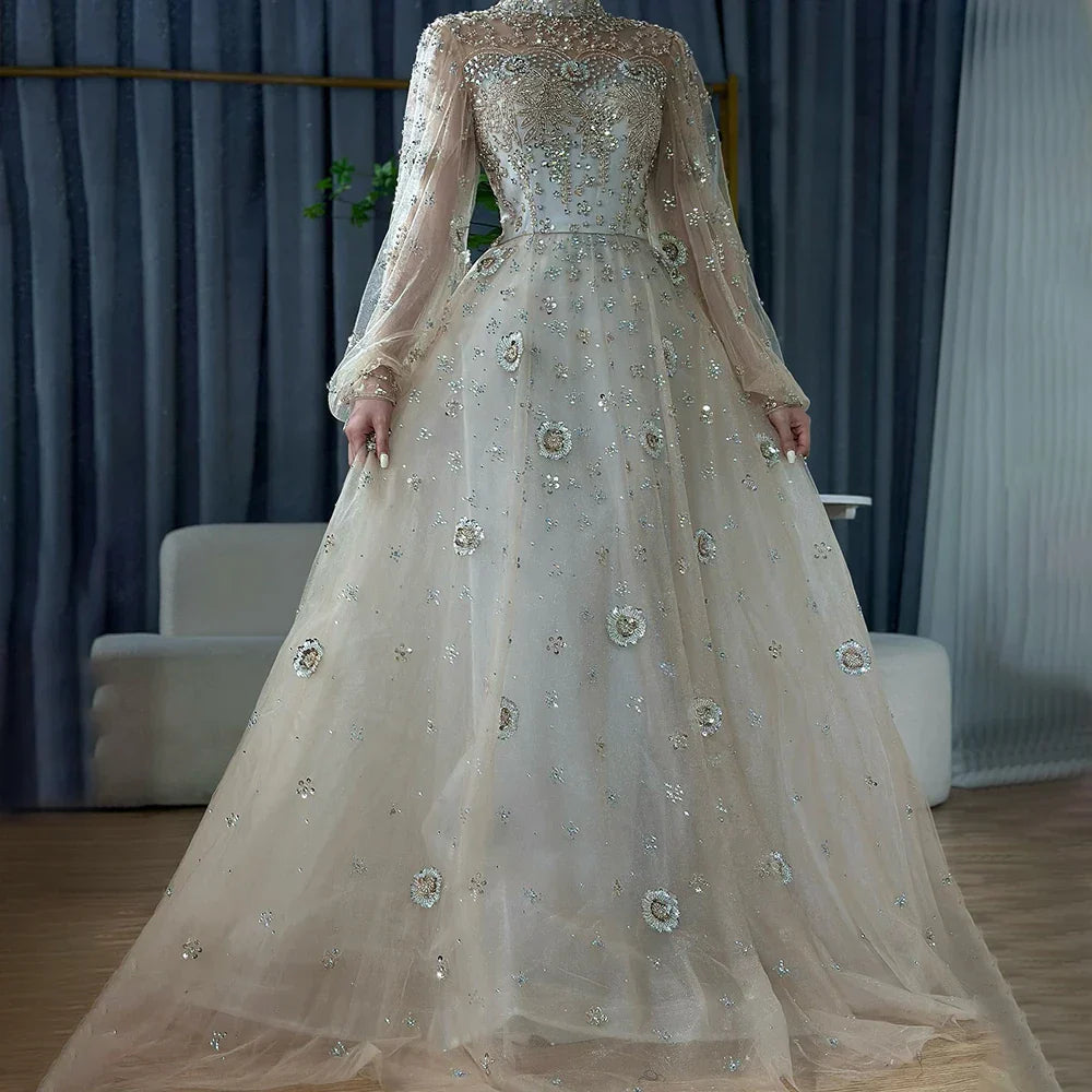 Muslim Nude A-Line Beaded Luxury Elegant Dubai Evening Gown Wedding Party LA72594