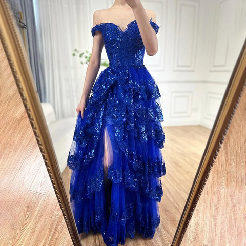 Arabic Black High Split Spaghetti Strap A Line Lace Beaded  Evening Dresses Gowns For Women Wedding Party LA72586