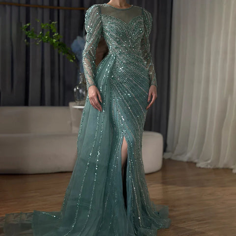 Vestidos de noche largos de lujo estilo sirena, turquesa árabe, con abertura y cuentas, para mujer, estilo Dubai, ideales para bodas y fiestas (LA72448) 