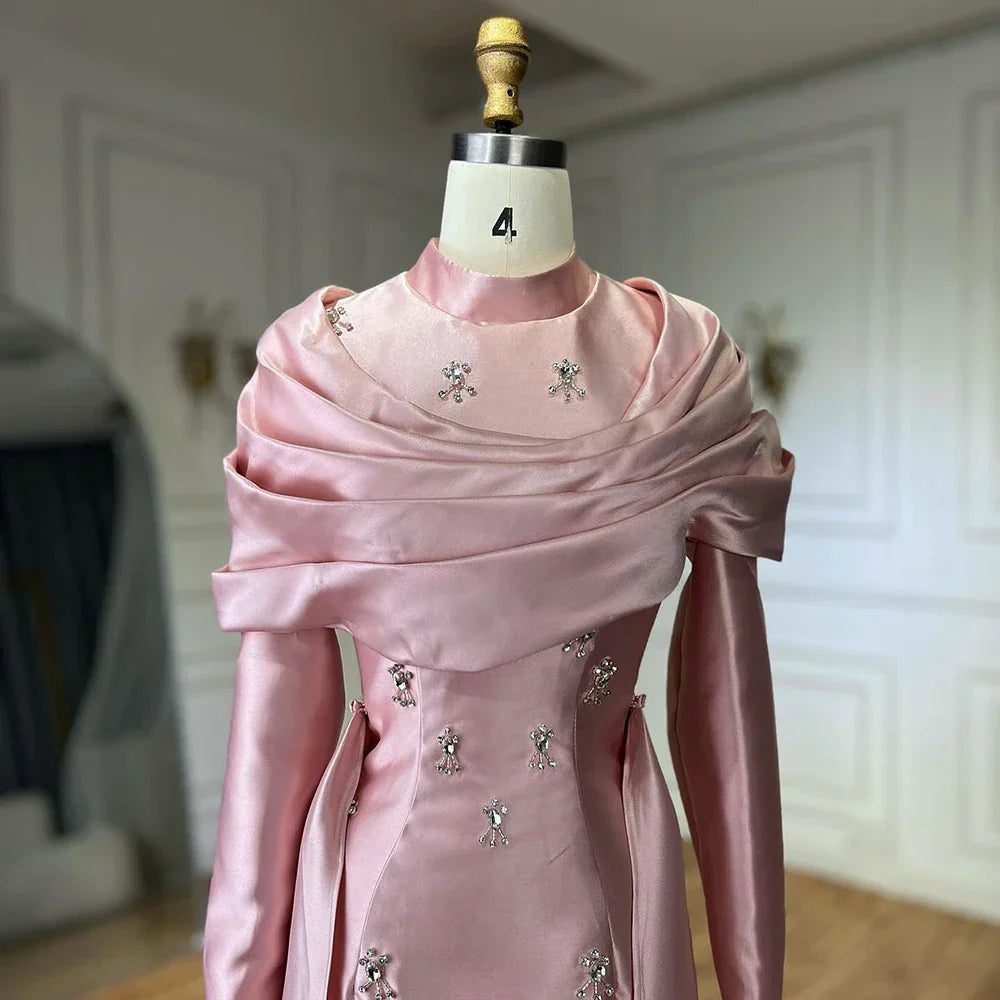 Vestido de noche de lujo saudí de satén azul con cuentas, estilo sirena, para ocasiones formales (modelo LA72414M) 