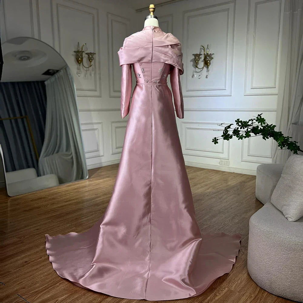 Vestido de noche de lujo saudí de satén azul con cuentas, estilo sirena, para ocasiones formales (modelo LA72414M) 