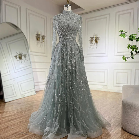 Muslim Elegant blue A Line Beaded Luxury Dubai Evening Dresses Gowns For Women Wedding Party 2025 LA72302A