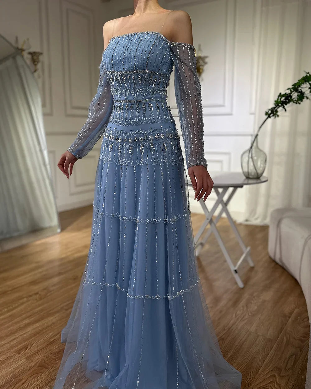 Dubai Arabic Sage Green Mermaid Luxury Evening Gown Strapless Beaded Party Dress for Women's Wedding 2025 LA72350