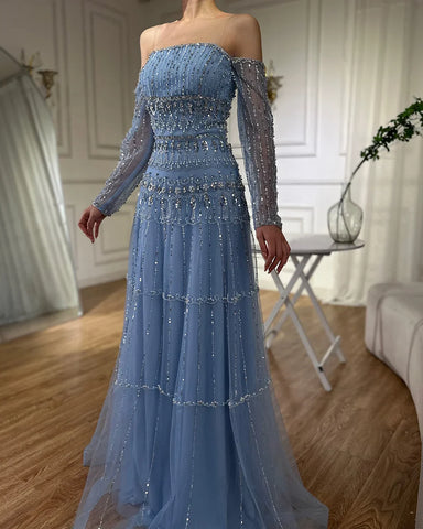 Dubai Arabic Sage Green Mermaid Luxury Evening Gown Strapless Beaded Party Dress for Women's Wedding 2025 LA72350