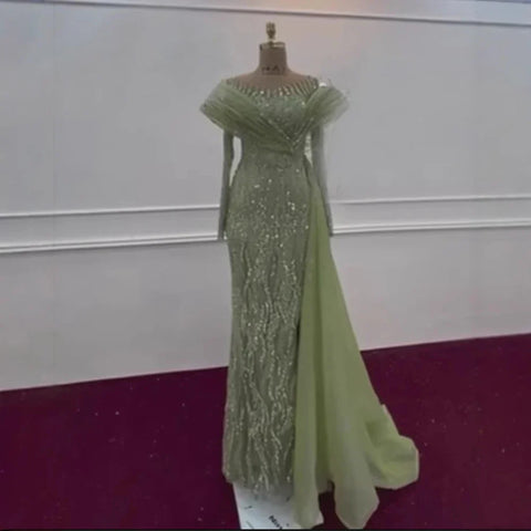Robe de soirée élégante vert sauge ornée de perles et ourlet fluide LA72928 