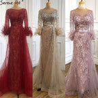 Evening Dress Long  Wine Red  Mermaid Dress  Beaded Feathers With Cloak Party Gown Women Party  LA70827