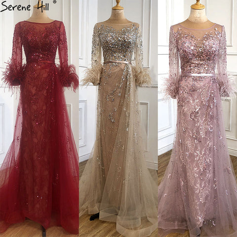 Evening Dress Long  Wine Red  Mermaid Dress  Beaded Feathers With Cloak Party Gown Women Party  LA70827