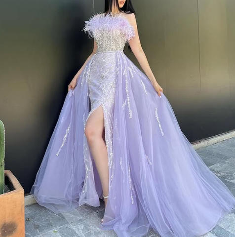 Glamorous Lilac Sequins Tulle Slit Prom Dress Evening Dress With Feathers Y8528