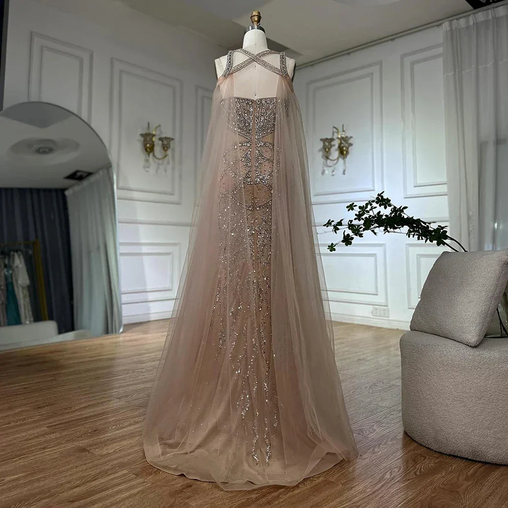 Vestidos de noche árabes con mangas tipo capa color nude y cuentas de cristal para mujer, ideales para bodas y fiestas (LA72806) 