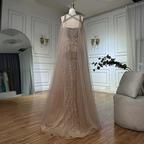 Robe de soirée arabe couleur chair, manches cape, perles et cristaux, pour femme, tenue de mariage, LA72806, 2025 