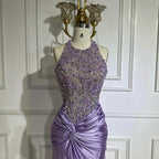 Vestido de noche de lujo estilo sirena, corte halter, escote lila árabe, abertura lateral, con cuentas, ideal para fiestas femeninas (LA72668) 