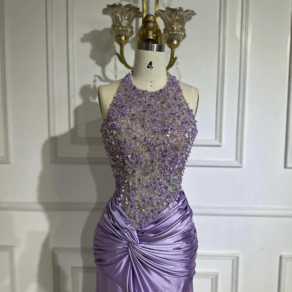 Vestido de noche de lujo estilo sirena, corte halter, escote lila árabe, abertura lateral, con cuentas, ideal para fiestas femeninas (LA72668) 