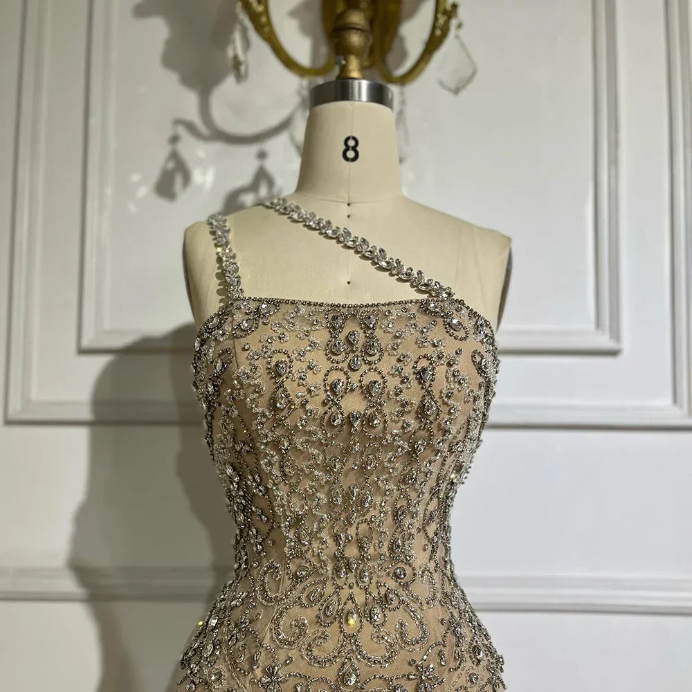 Elegant Nude One Shoulder Beaded Evening Dresses Gowns for Formal Occasion 2025 LA72791