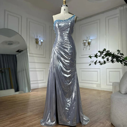 Vestido de noche de lujo de Dubái, elegante, plateado, de un solo hombro, con cuentas, corte sirena y abertura lateral, para fiestas de mujer LA72672 