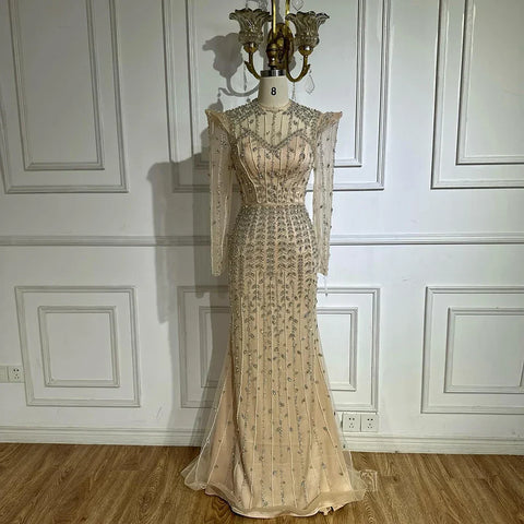 Robe de soirée arabe beige à manches longues LA72826