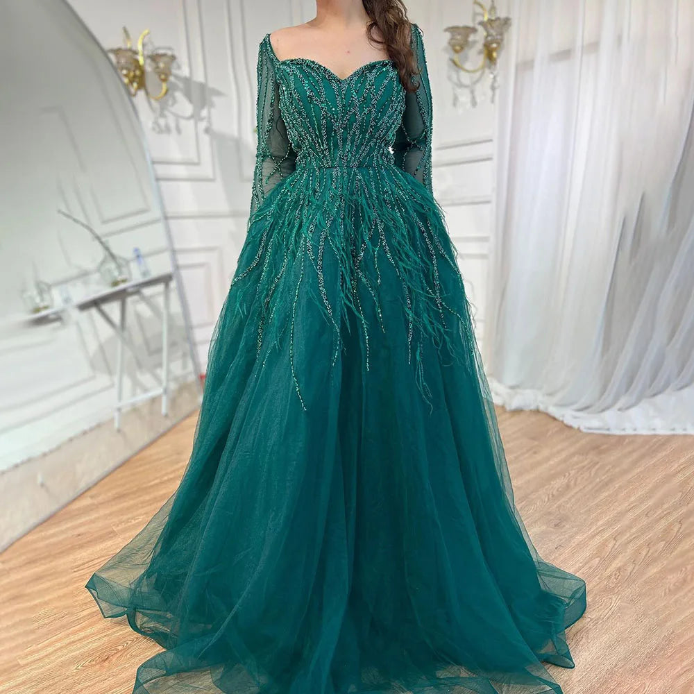 Arabic Luxury Beaded Handmade Feathers Evening Dress 2025 LA71468