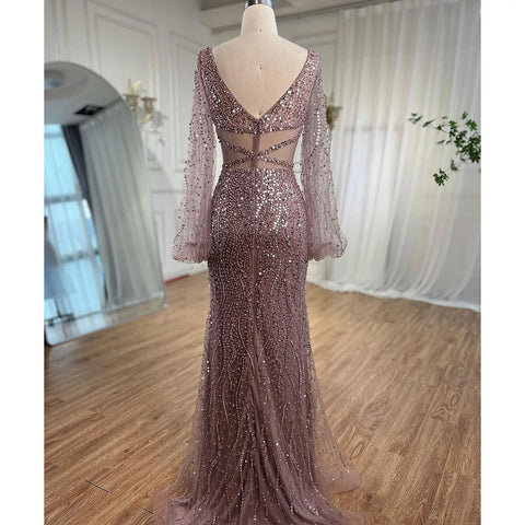 Vestido de noche elegante, elegante, con escote en V, cuentas y apliques de sirena, de lujo, estilo árabe, brillante, para mujer, para fiesta, 2025, LA71784 