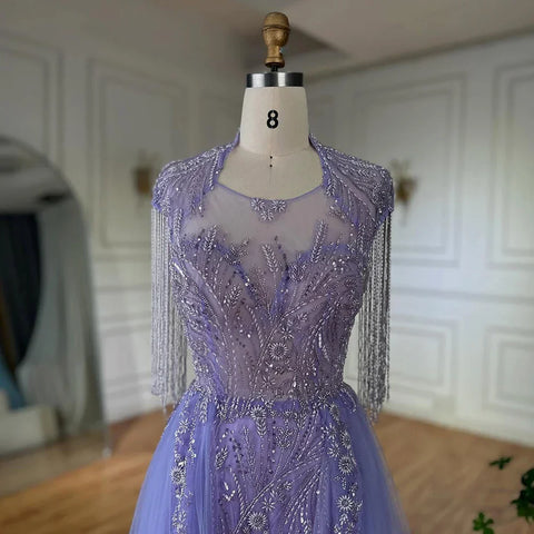 Robe de soirée élégante de style arabe lilas, coupe trapèze, avec pompons et perles, tenue de soirée de luxe à Dubaï, pour femme, tenue de mariage, LA72422, 2025 