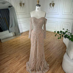 Luxury Beaded Evening Dresses Gowns with Off-Shoulder Long Sleeves and Sparkling Sequins LA72824A