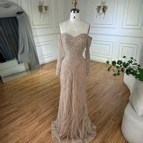 Robe de soirée luxueuse ornée de perles, manches longues et épaules dénudées, paillettes scintillantes (LA72824A)