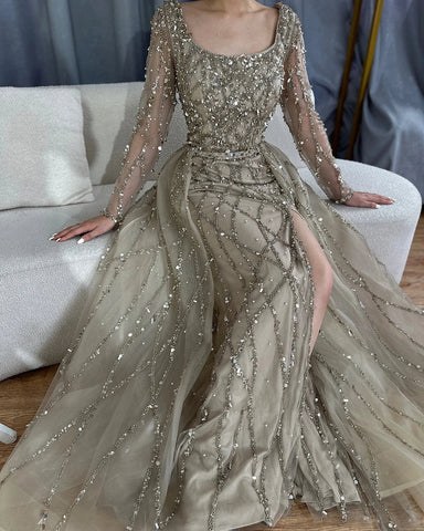 Elegant Green Split Mermaid Luxury Beaded Dubai Long Evening Dresses Gowns 2025 For Woman Wedding Party LA70765L