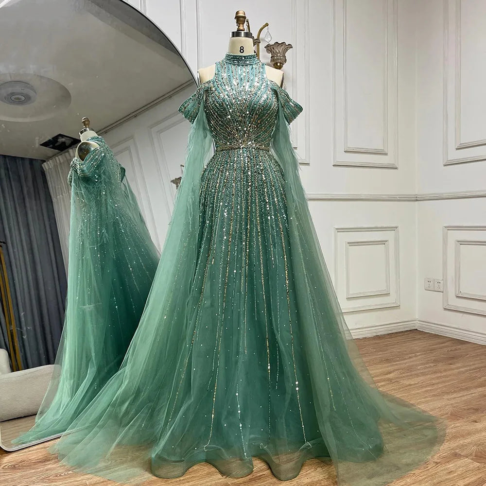 Vestido largo de noche corte A con mangas capa, bordado de plumas y cuentas, estilo árabe turquesa, para mujer, ideal para bodas y fiestas (LA72644)