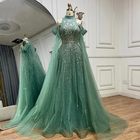 Robe de soirée longue style arabe turquoise, manches cape, coupe trapèze, perles et plumes, pour femme, tenue de mariage, LA72644 