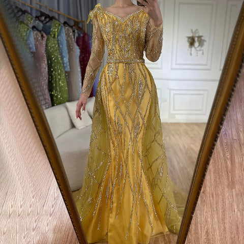 Muslim Gold Mermaid  With Overskirt Beaded Luxury Dubai Evening Dresses Gowns 2025 For Women Wedding Party LA72211