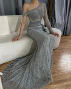On Sale no return no refund Grey One Shoulder Luxury Evening Dresses Gowns 2025 Beaded Mermaid Elegant For Women Party LA71622