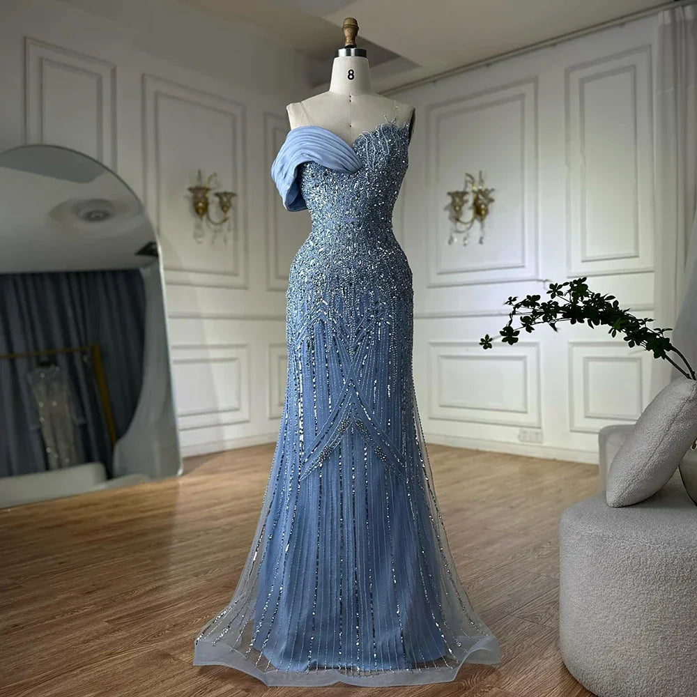 Vestido de noche largo, elegante, verde, estilo sirena, con un solo hombro y cuentas, estilo árabe, para ocasiones formales LA72650 