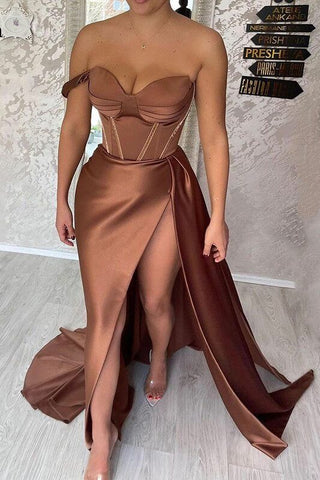 Robe de soirée chocolat à décolleté cœur, robe de bal sexy à corset, robe de soirée en satin fendue sur le côté Y54