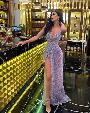 Robe de soirée longue à sequins, décolleté plongeant en V, robe de bal sexy Y47