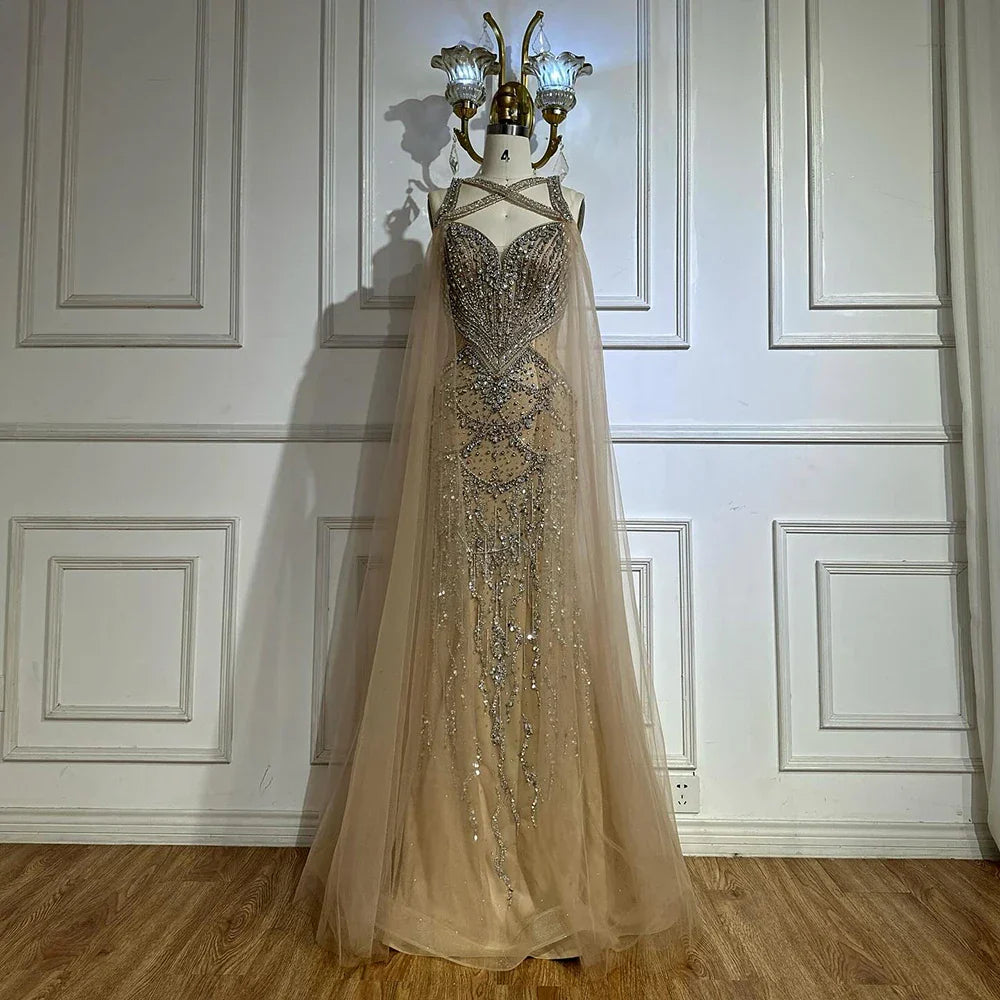 Vestidos de noche árabes con mangas tipo capa color nude y cuentas de cristal para mujer, ideales para bodas y fiestas (LA72806) 