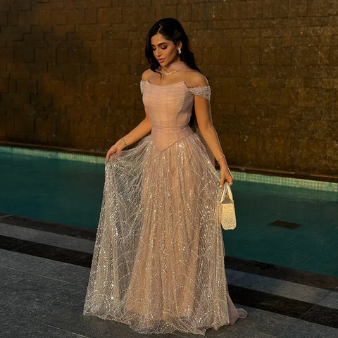 Robe de soirée trapèze à épaules dénudées et perles avec corset LA72922 